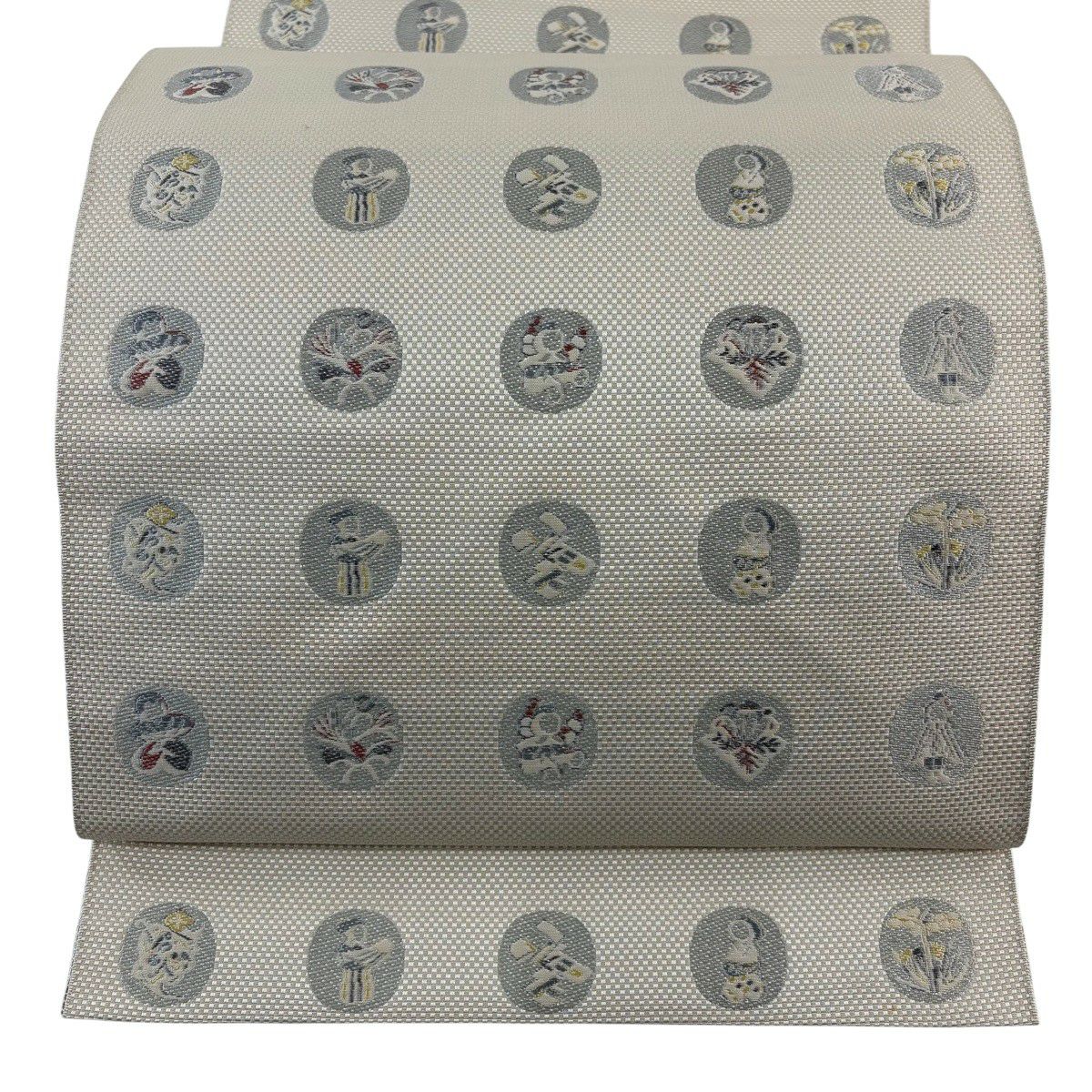 【美品】名古屋帶 優品級 八寸名古屋帶 松樹葉裁縫 圓文 草花紋紋 奶油色 純蠶絲