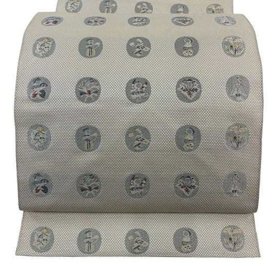 【美品】名古屋帶 優品級 八寸名古屋帶 松樹葉裁縫 圓文 草花紋紋 奶油色 純蠶絲