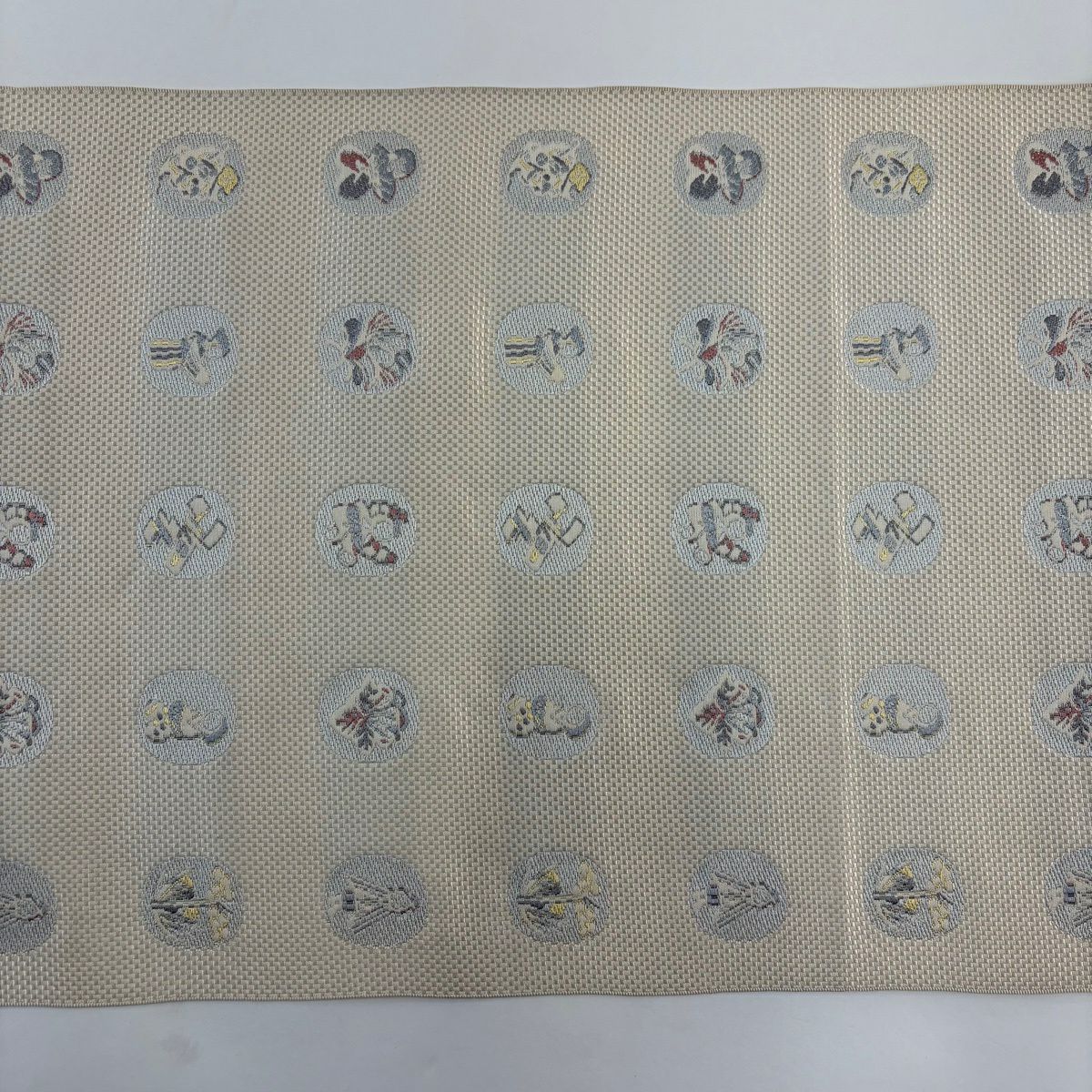 【美品】名古屋帶 優品級 八寸名古屋帶 松樹葉裁縫 圓文 草花紋紋 奶油色 純蠶絲