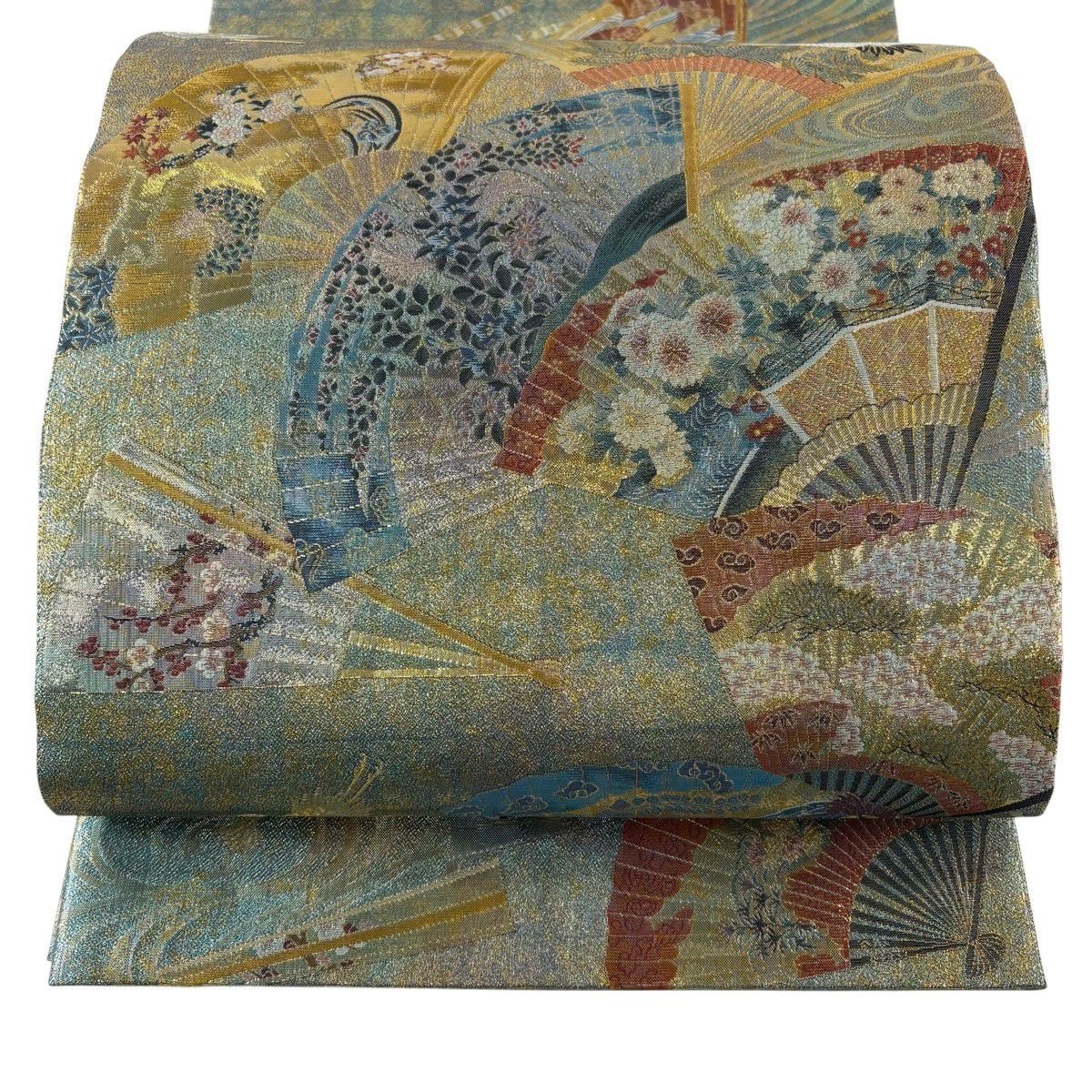 袋帶 秀品級 附落款 徳川美術館秘藏 24K白金雙層金金箔 能樂百扇子 金絲 青綠 お太鼓圖案 純蠶絲