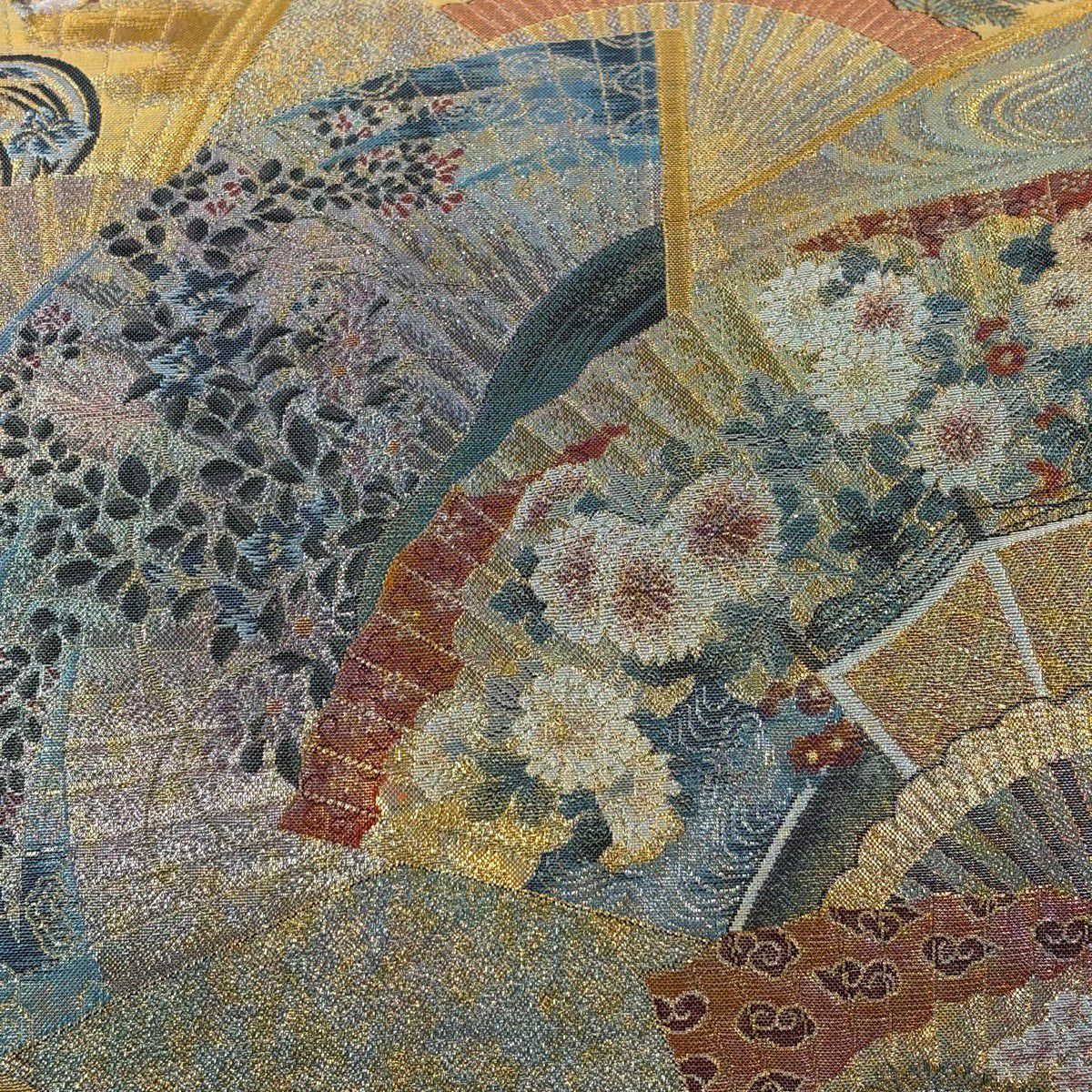 袋帶 秀品級 附落款 徳川美術館秘藏 24K白金雙層金金箔 能樂百扇子 金絲 青綠 お太鼓圖案 純蠶絲