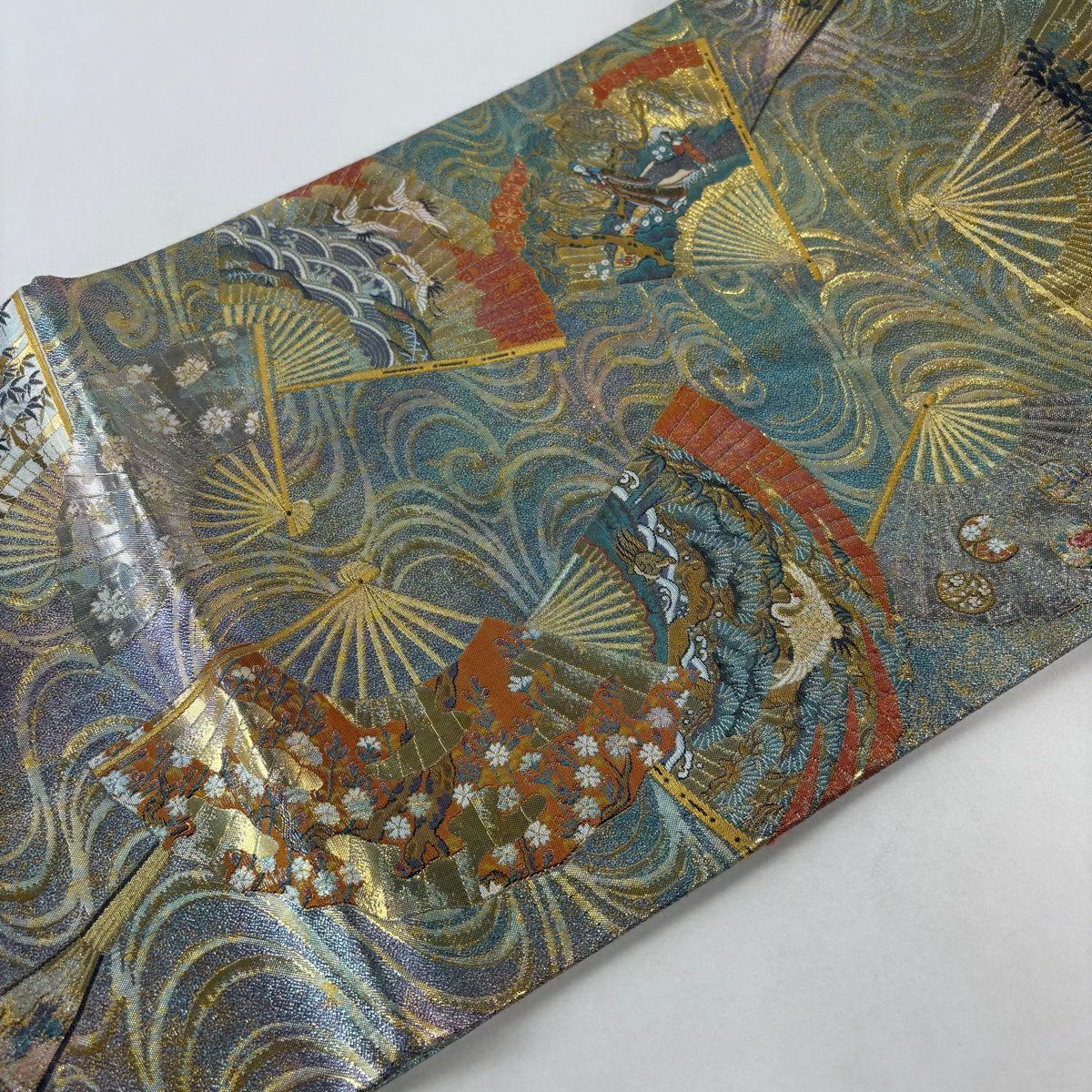 袋帶 秀品級 附落款 徳川美術館秘藏 24K白金雙層金金箔 能樂百扇子 金絲 青綠 お太鼓圖案 純蠶絲