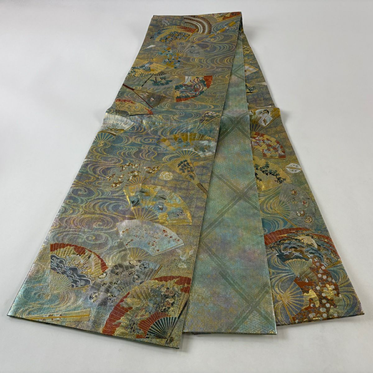 袋帶 秀品級 附落款 徳川美術館秘藏 24K白金雙層金金箔 能樂百扇子 金絲 青綠 お太鼓圖案 純蠶絲
