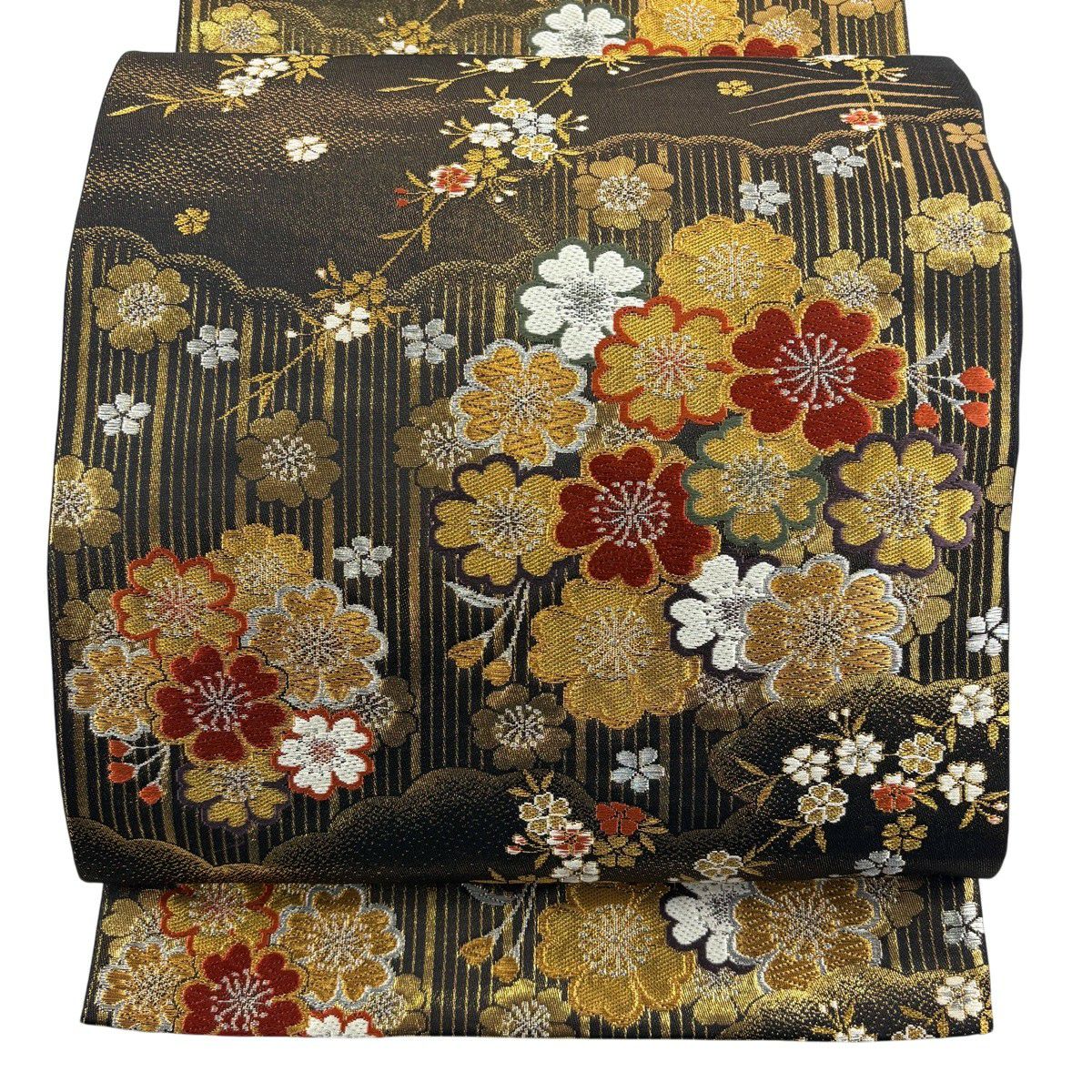 【美品】 袋帶 秀品級 樱花 云纹 金银线 刺绣 墨色 六通 純蠶絲
