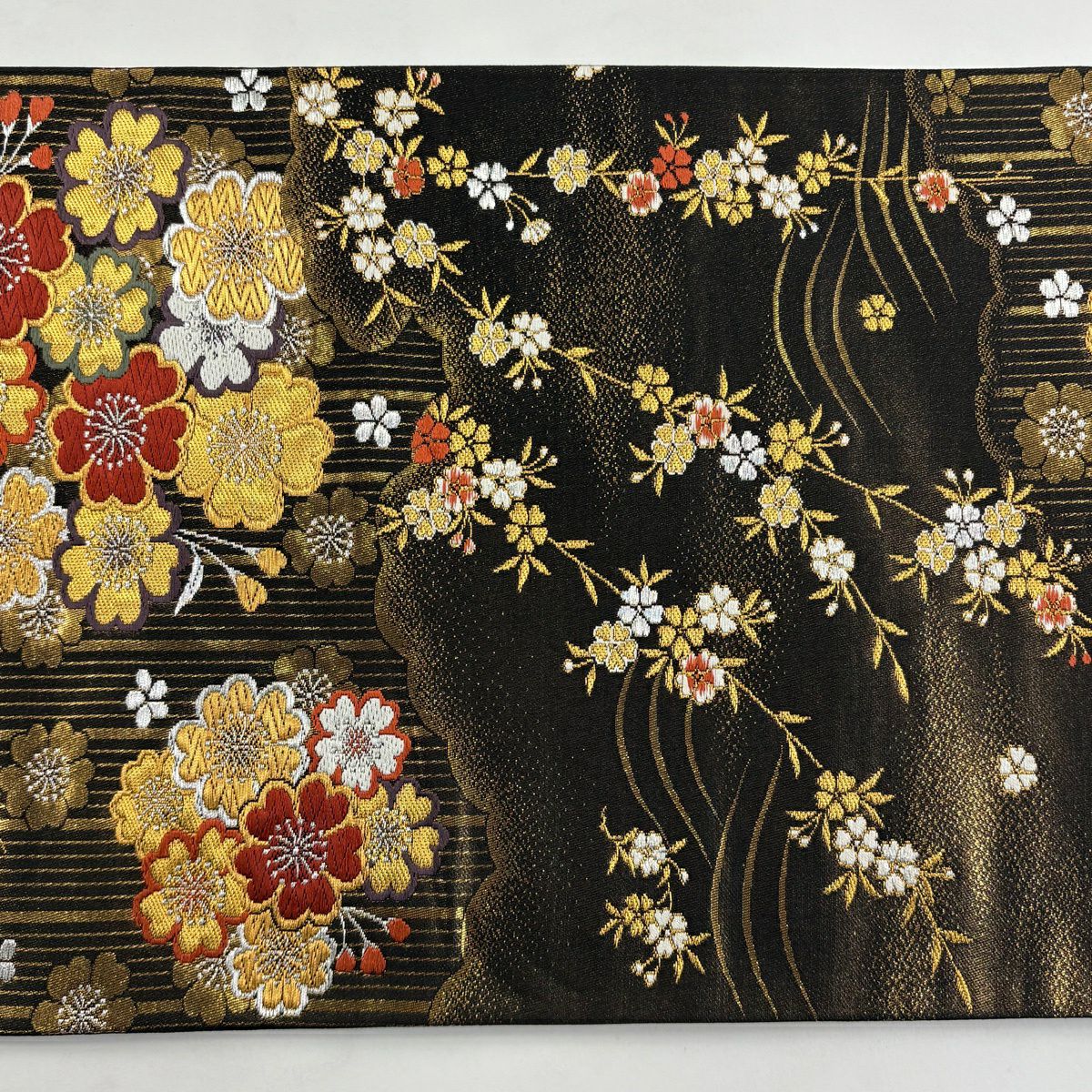 【美品】 袋帶 秀品級 樱花 云纹 金银线 刺绣 墨色 六通 純蠶絲