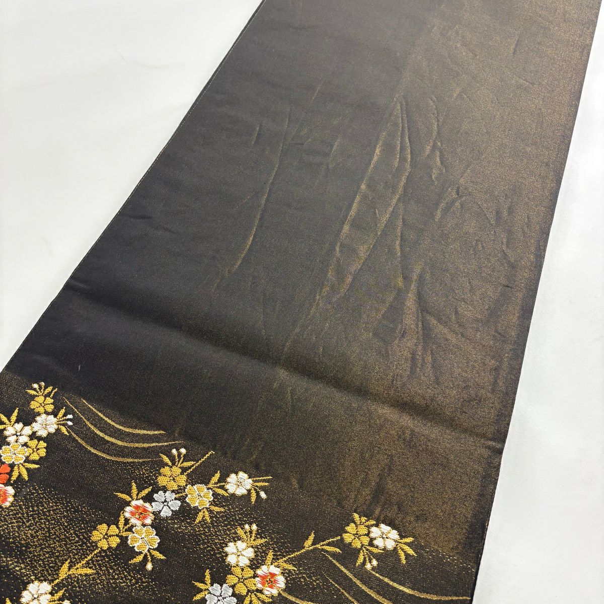 【美品】 袋帶 秀品級 樱花 云纹 金银线 刺绣 墨色 六通 純蠶絲