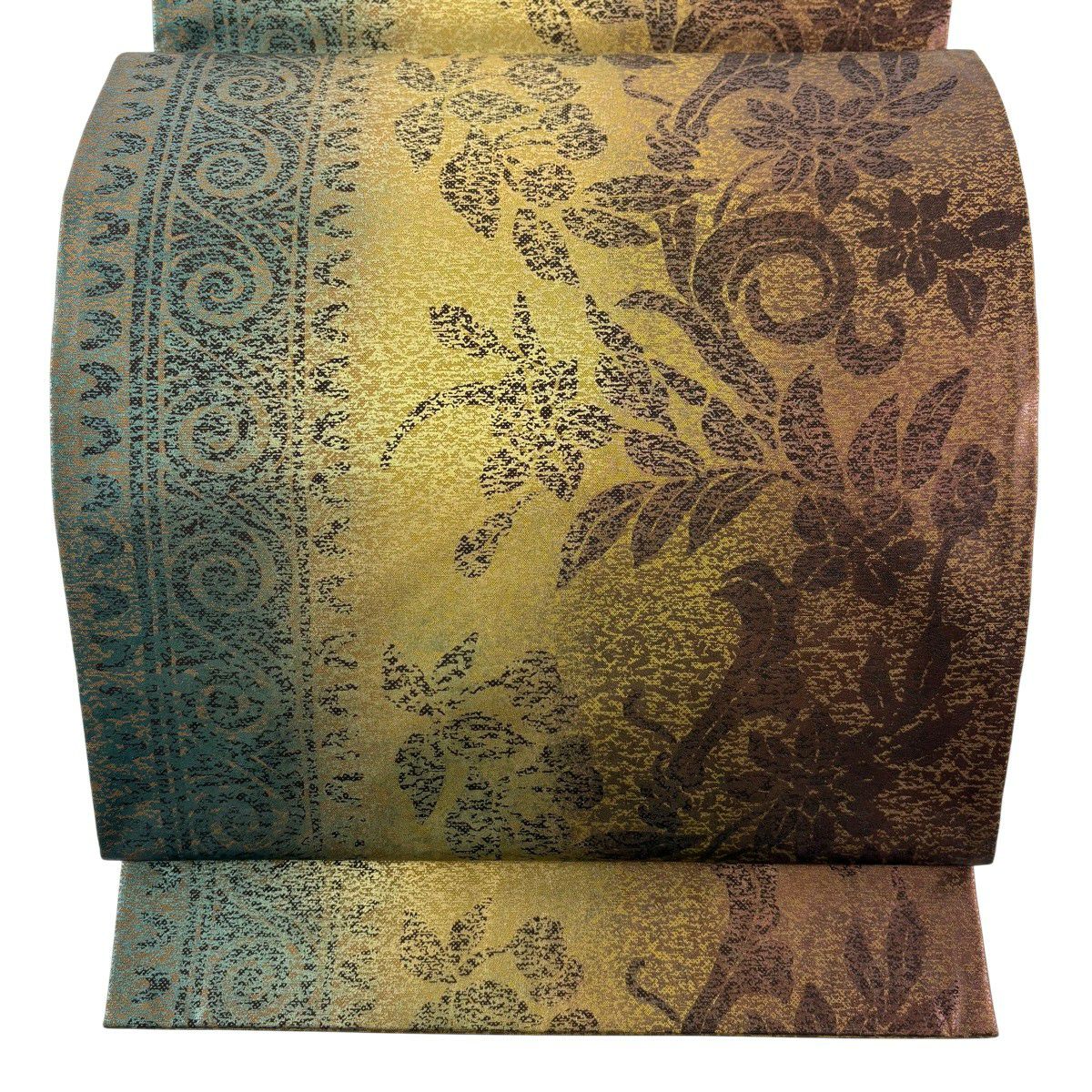 【美品】 袋帶 秀品級 草花紋紋 金銀彩 黃土 深藍色 六通 純蠶絲