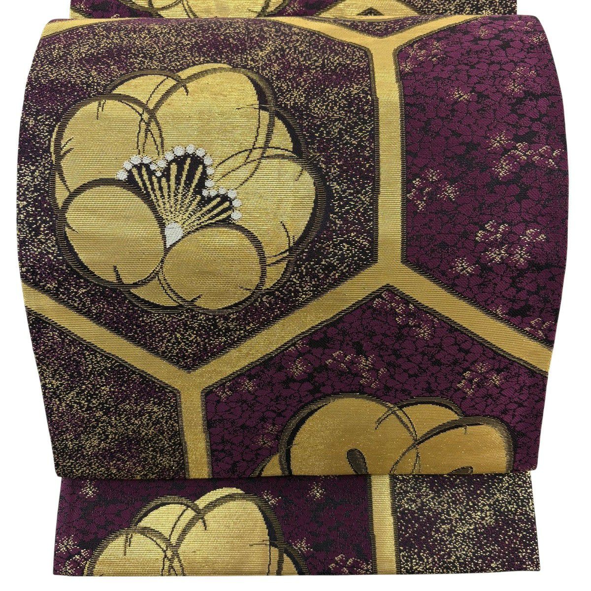 【美品】 袋帶 秀品級 梅花 龜甲 金絲 金金箔 紫 六通 純蠶絲