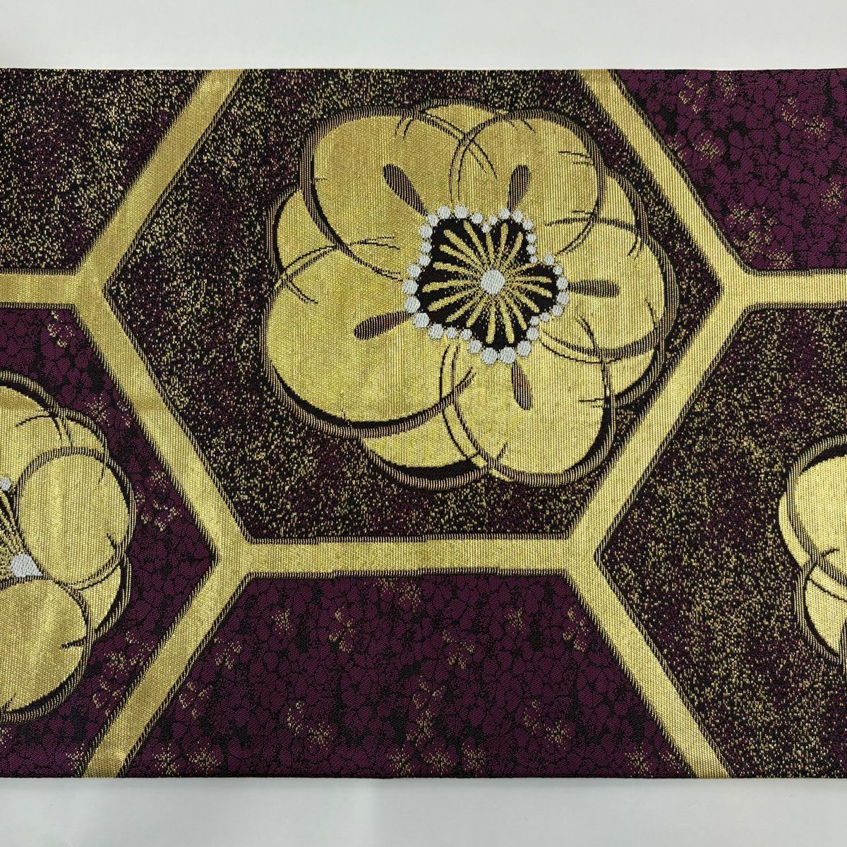 【美品】 袋帶 秀品級 梅花 龜甲 金絲 金金箔 紫 六通 純蠶絲