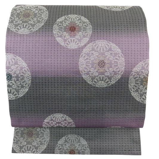 【美品】 名古屋帶 優品級 浮線綾紋 段紋 金絲 淺紫 純蠶絲