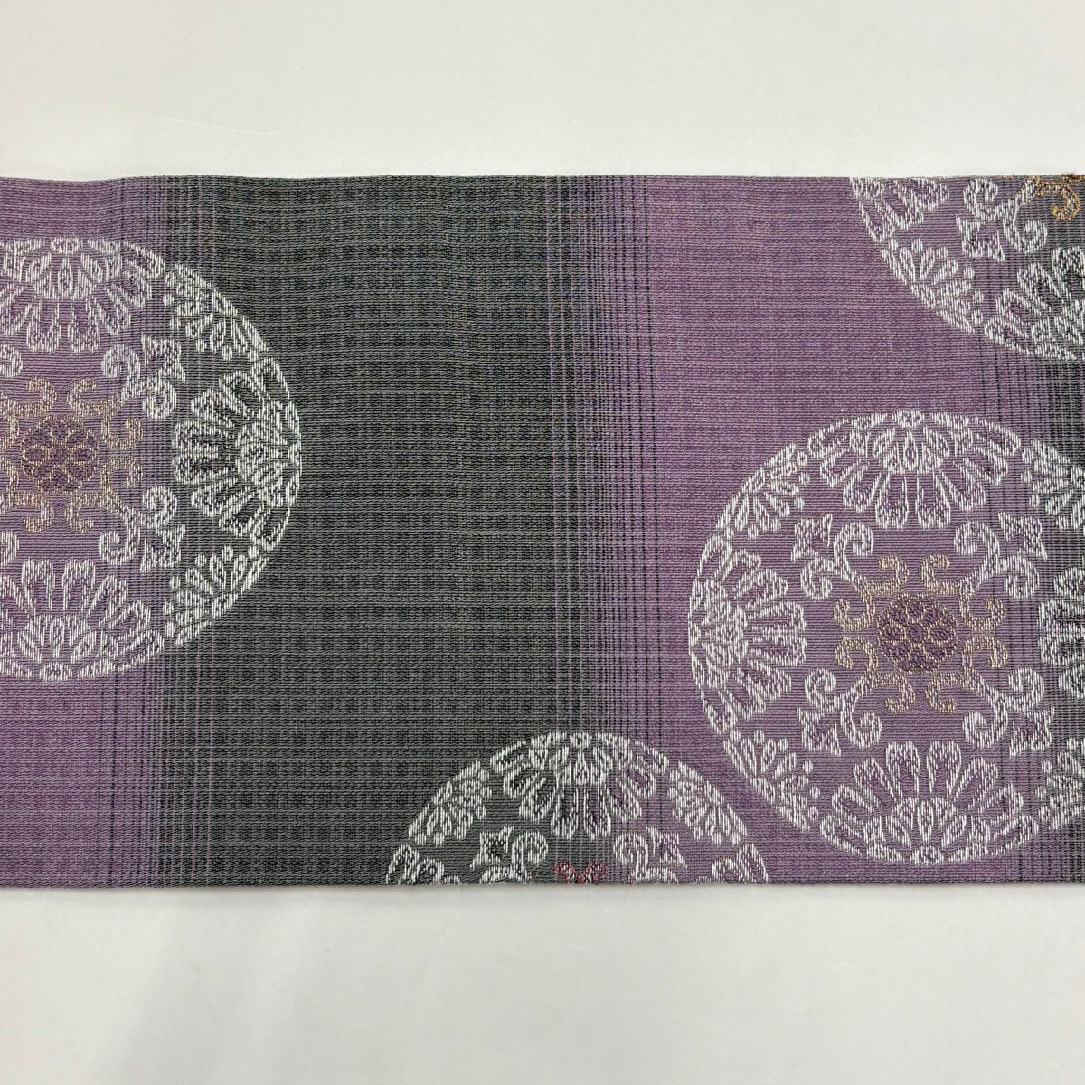 【美品】 名古屋帶 優品級 浮線綾紋 段紋 金絲 淺紫 純蠶絲