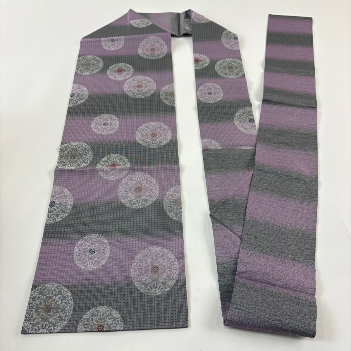 【美品】 名古屋帶 優品級 浮線綾紋 段紋 金絲 淺紫 純蠶絲