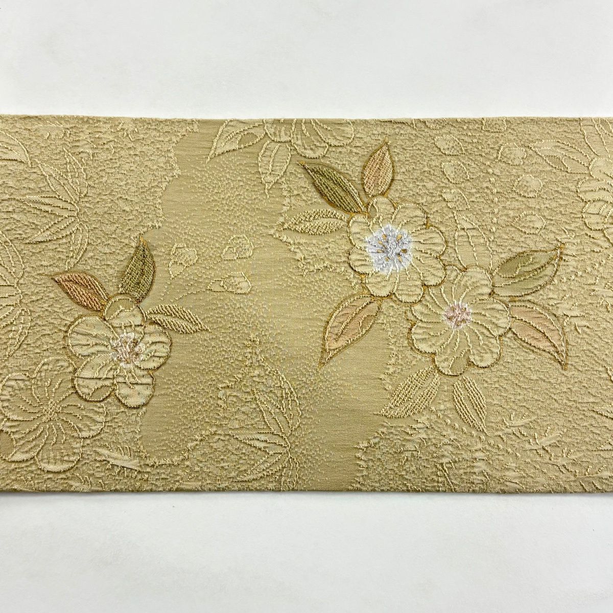 名古屋帶 秀品級 草花紋 金彩裝飾 淺茶 純蠶絲