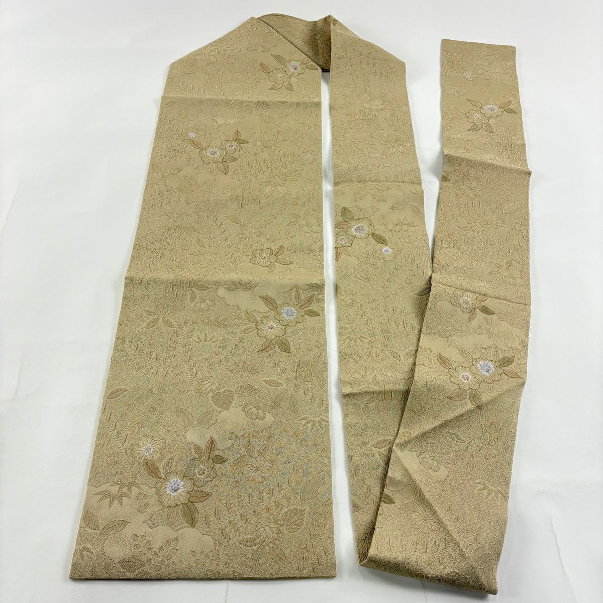名古屋帶 秀品級 草花紋 金彩裝飾 淺茶 純蠶絲