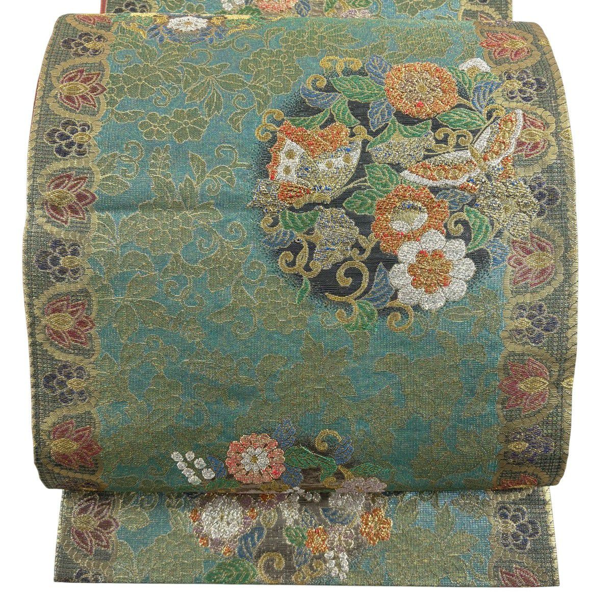 【美品】 袋帶 秀品級 花丸紋 蝴蝶 金金箔 金絲 淺青綠 六通 純蠶絲