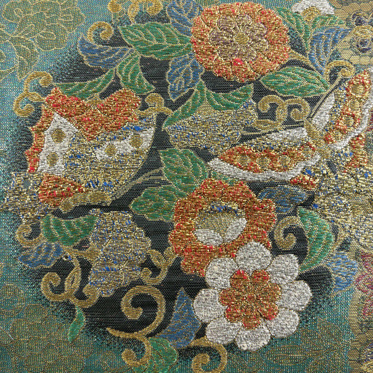 【美品】 袋帶 秀品級 花丸紋 蝴蝶 金金箔 金絲 淺青綠 六通 純蠶絲