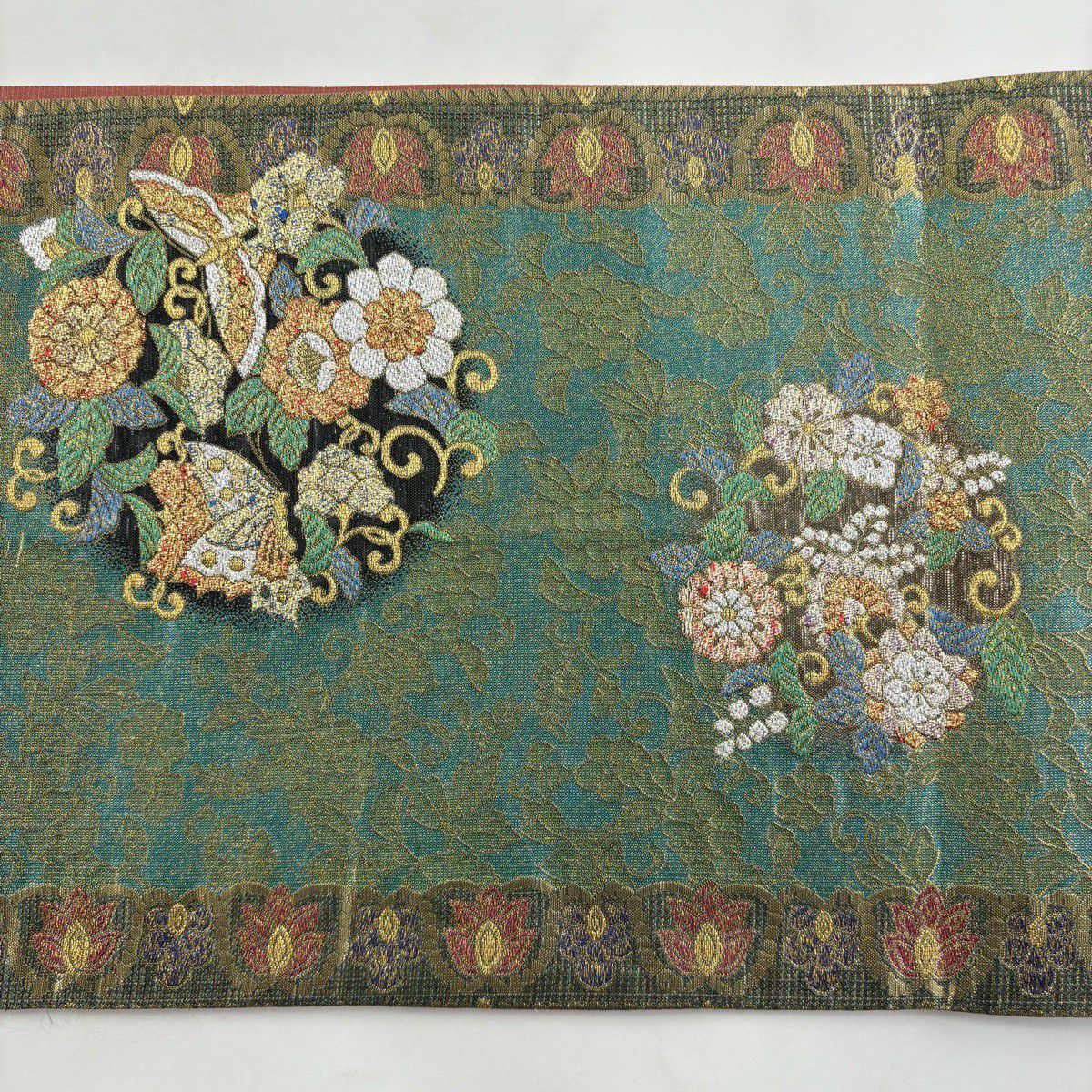 【美品】 袋帶 秀品級 花丸紋 蝴蝶 金金箔 金絲 淺青綠 六通 純蠶絲