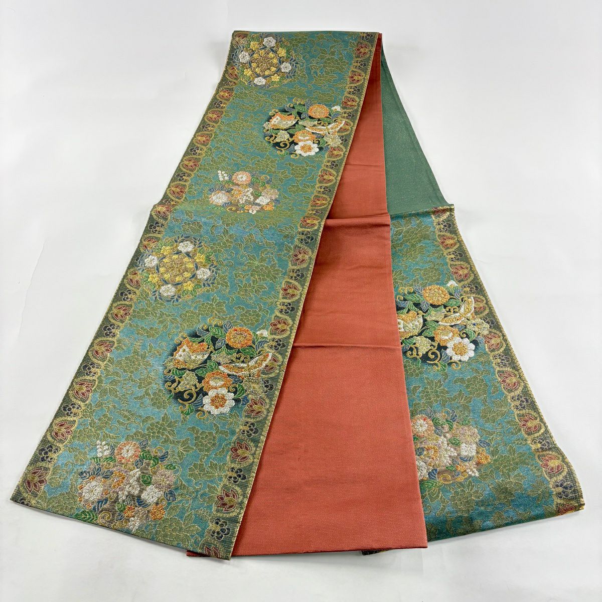 【美品】 袋帶 秀品級 花丸紋 蝴蝶 金金箔 金絲 淺青綠 六通 純蠶絲