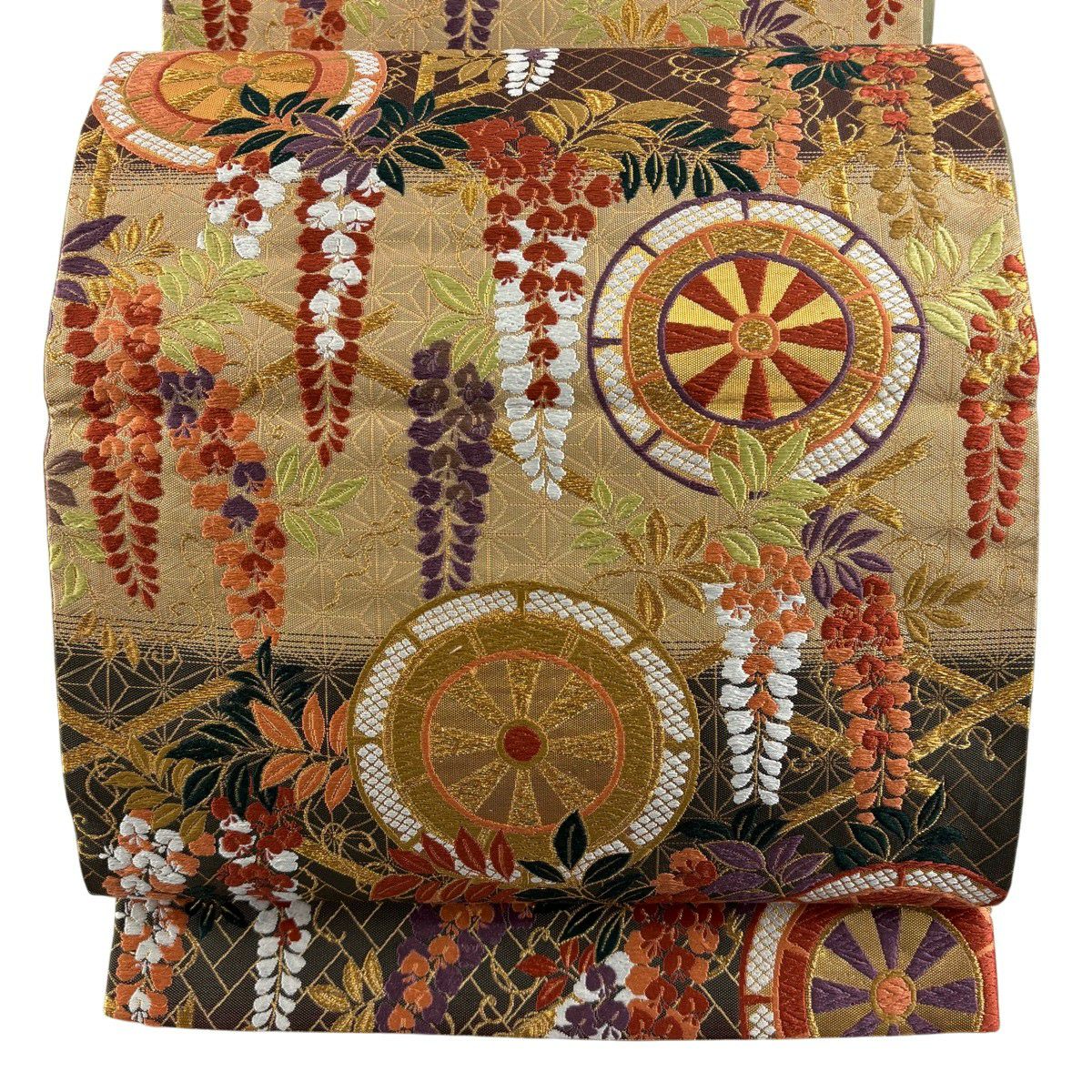 【美品】 袋帶 秀品級 振袖禮服禮服用 源氏車 藤 金絲 唐織 淺茶 六通 純蠶絲