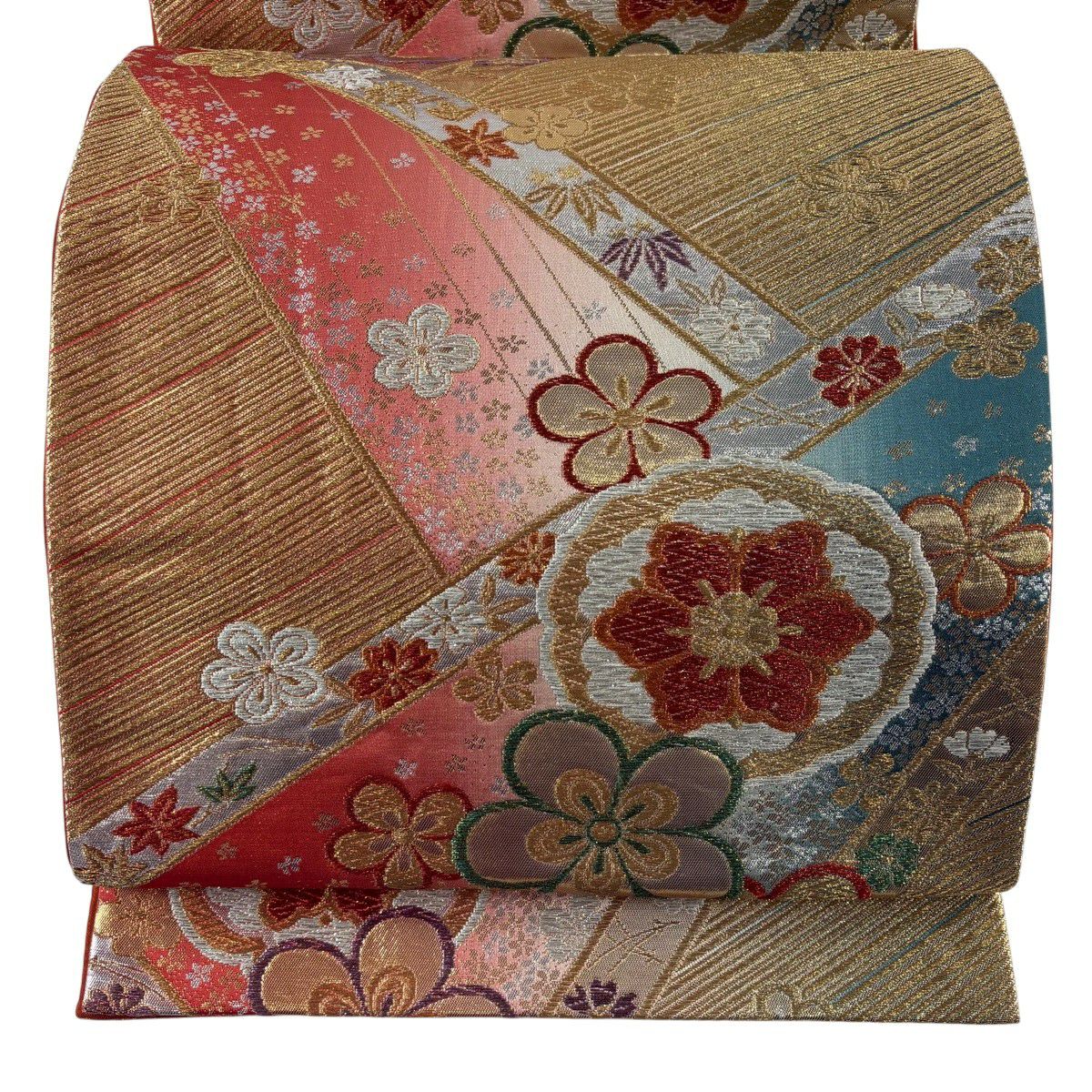 【美品】 袋帶 秀品級 草花紋紋 梅花 金銀彩 金色 六通 純蠶絲