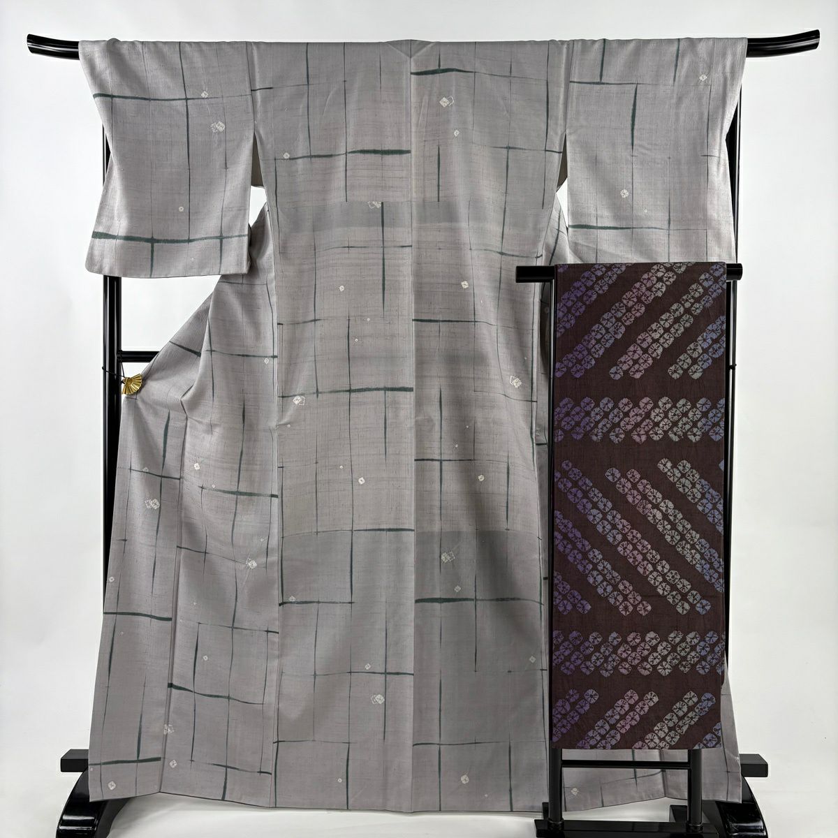 【美品】 小紋 身長168cm 袖長70.5cm L 雙層 袋帶名古屋帶套裝 紬織織 幾何學 絞染 灰色 純蠶絲 秀品級