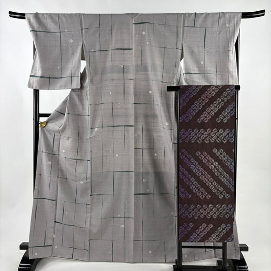 【美品】 小紋 身長168cm 袖長70.5cm L 雙層 袋帶名古屋帶套裝 紬織織 幾何學 絞染 灰色 純蠶絲 秀品級