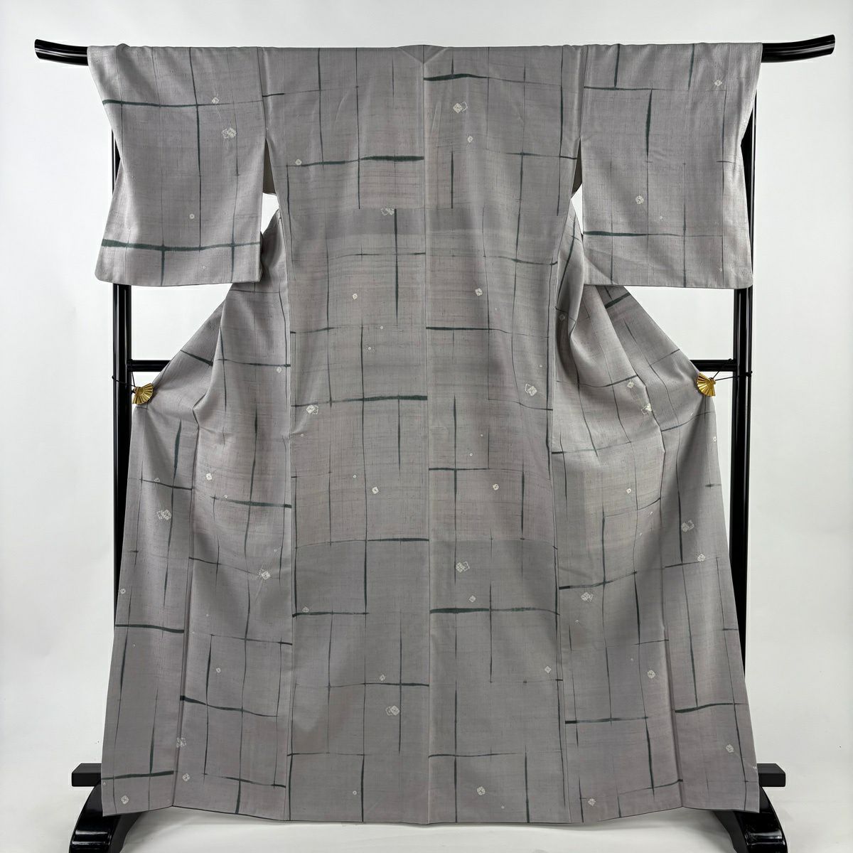 【美品】 小紋 身長168cm 袖長70.5cm L 雙層 袋帶名古屋帶套裝 紬織織 幾何學 絞染 灰色 純蠶絲 秀品級