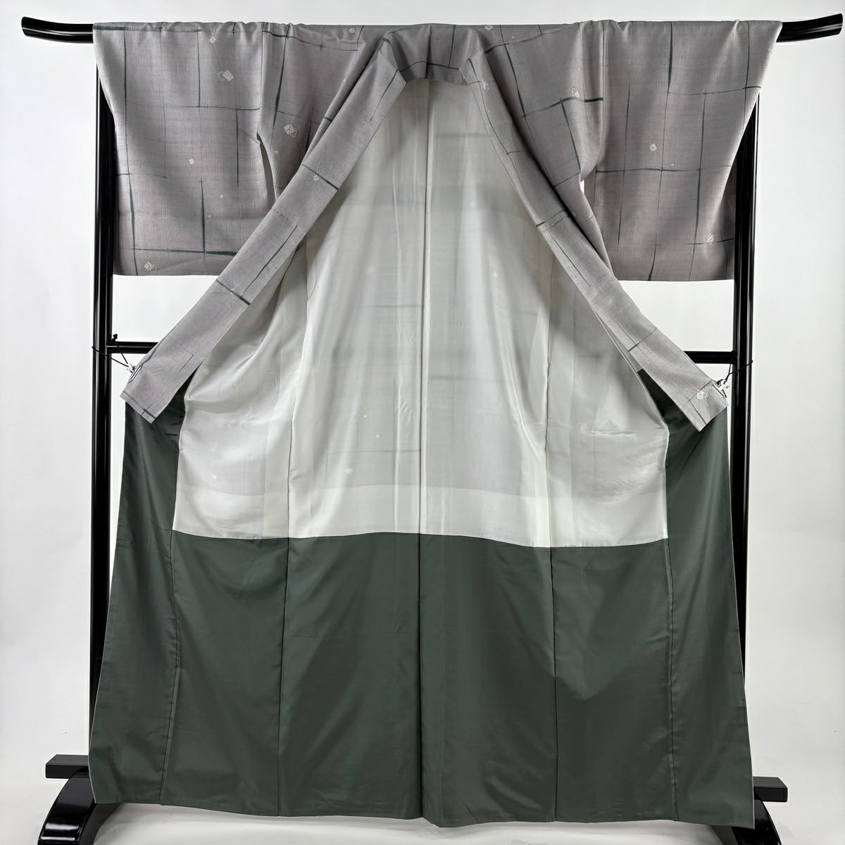 【美品】 小紋 身長168cm 袖長70.5cm L 雙層 袋帶名古屋帶套裝 紬織織 幾何學 絞染 灰色 純蠶絲 秀品級