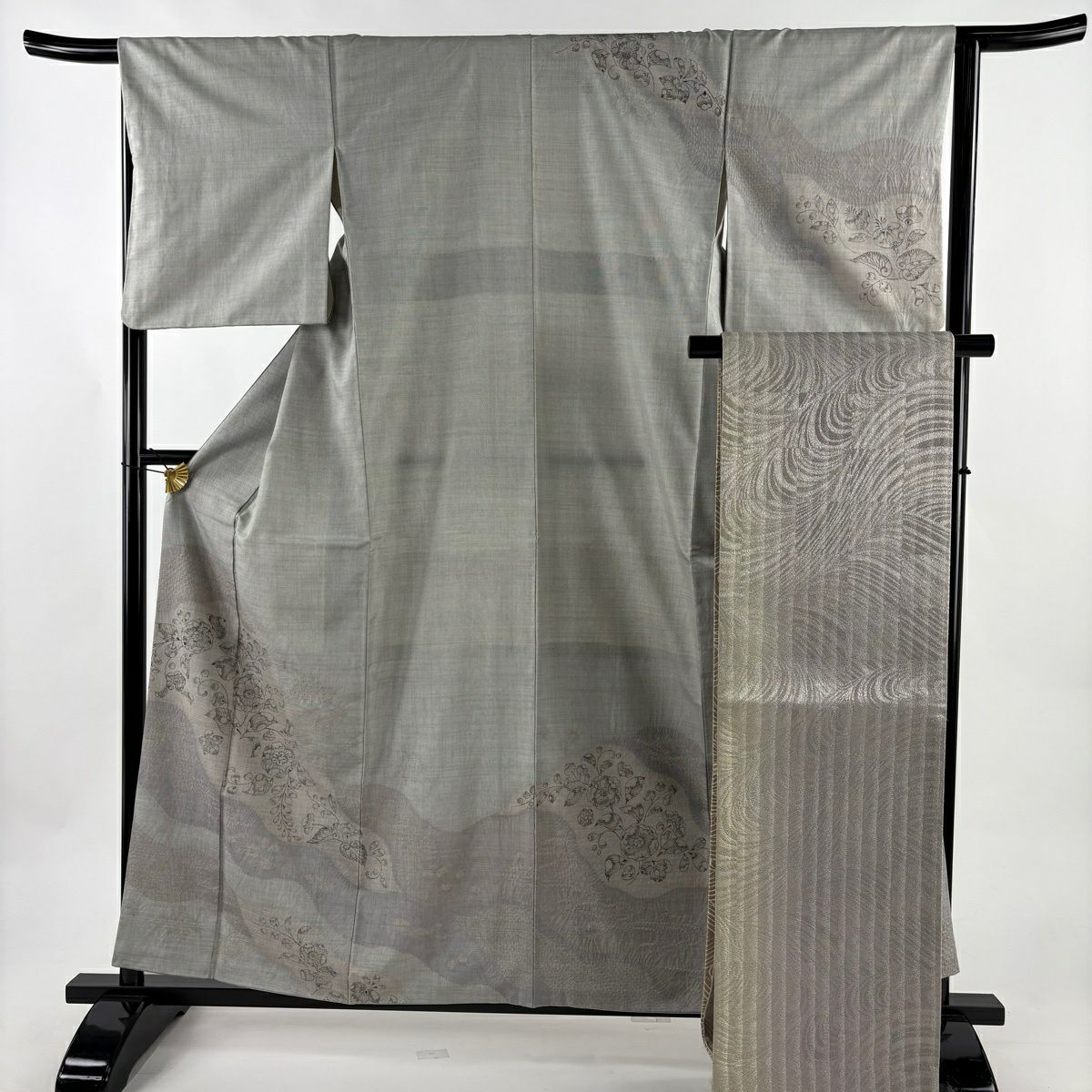 【美品】訪問服 身長159cm 袖長65.5cm M 雙層 袋帶套裝 大島紬織地 證書齊全 辻花染圖案 道長取 絞染 灰色 純蠶絲 優品級