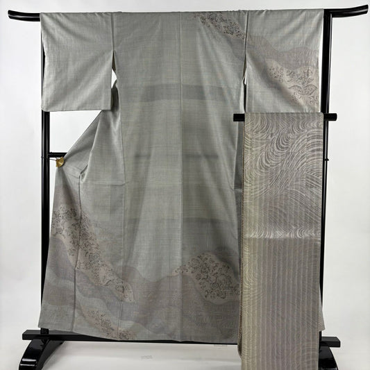 【美品】訪問服 身長159cm 袖長65.5cm M 雙層 袋帶套裝 大島紬織地 證書齊全 辻花染圖案 道長取 絞染 灰色 純蠶絲 優品級