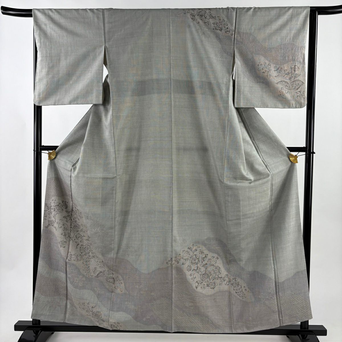 【美品】訪問服 身長159cm 袖長65.5cm M 雙層 袋帶套裝 大島紬織地 證書齊全 辻花染圖案 道長取 絞染 灰色 純蠶絲 優品級
