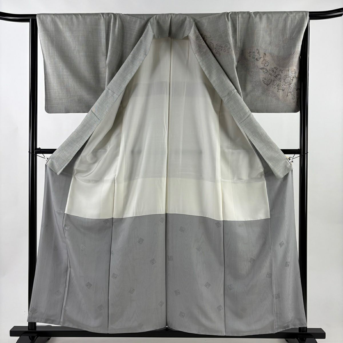 【美品】訪問服 身長159cm 袖長65.5cm M 雙層 袋帶套裝 大島紬織地 證書齊全 辻花染圖案 道長取 絞染 灰色 純蠶絲 優品級
