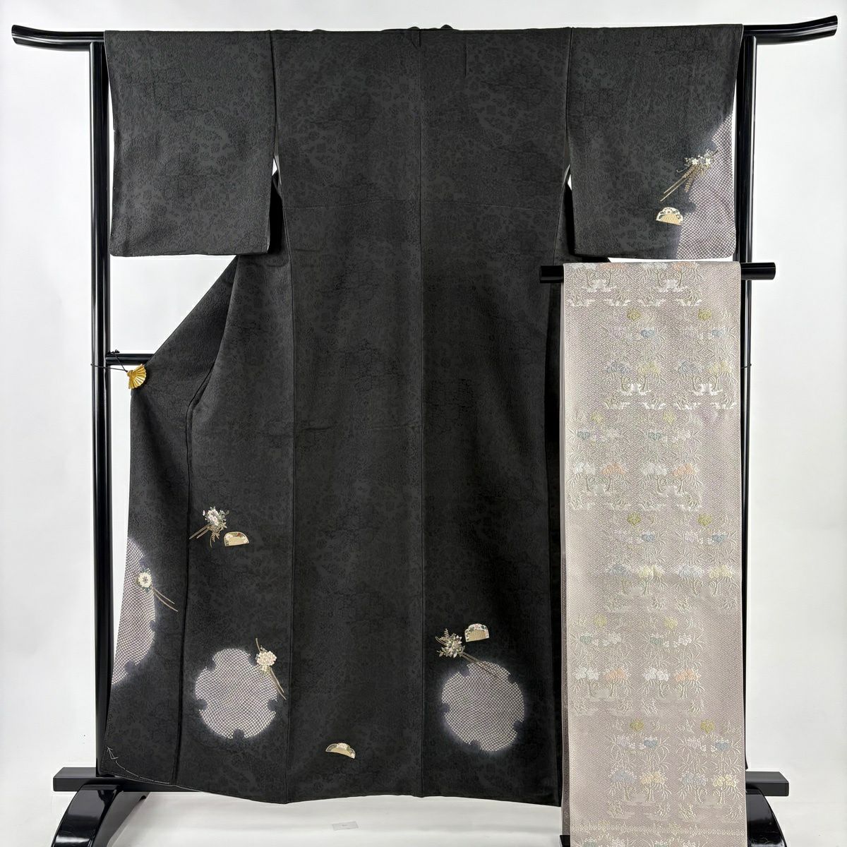 【美品】 付下 身長160cm 袖長64.5cm M 雙層 袋帶套裝 附款式 夾子 梳子 金銀彩 漸層 墨色 純蠶絲 優品級