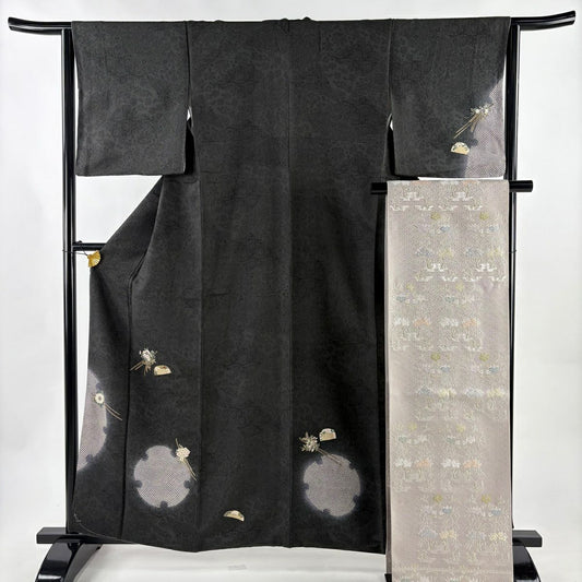 【美品】 付下 身長160cm 袖長64.5cm M 雙層 袋帶套裝 附款式 夾子 梳子 金銀彩 漸層 墨色 純蠶絲 優品級