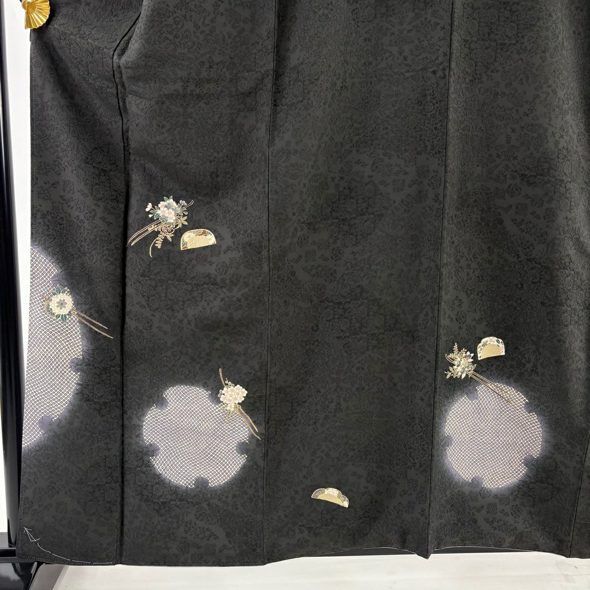 【美品】 付下 身長160cm 袖長64.5cm M 雙層 袋帶套裝 附款式 夾子 梳子 金銀彩 漸層 墨色 純蠶絲 優品級