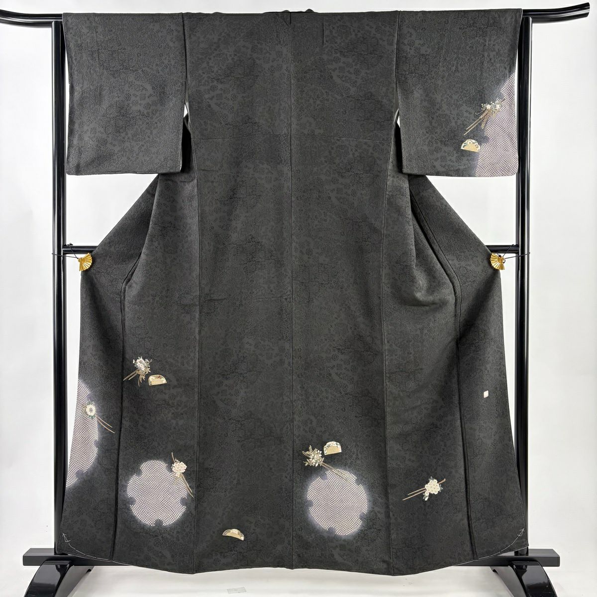 【美品】 付下 身長160cm 袖長64.5cm M 雙層 袋帶套裝 附款式 夾子 梳子 金銀彩 漸層 墨色 純蠶絲 優品級
