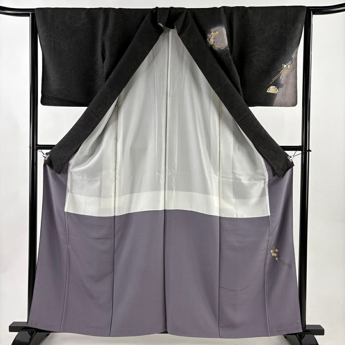 【美品】 付下 身長160cm 袖長64.5cm M 雙層 袋帶套裝 附款式 夾子 梳子 金銀彩 漸層 墨色 純蠶絲 優品級