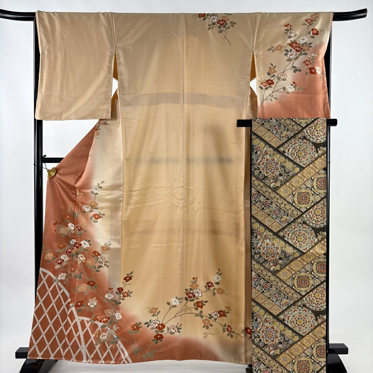 訪問服 身長163.5cm 袖長67.5cm L 雙層 吾妻德穗 袋帶套裝 落款あり 枝花 光悅垣 金絲 染分 薄茶 純蠶絲 秀品級
