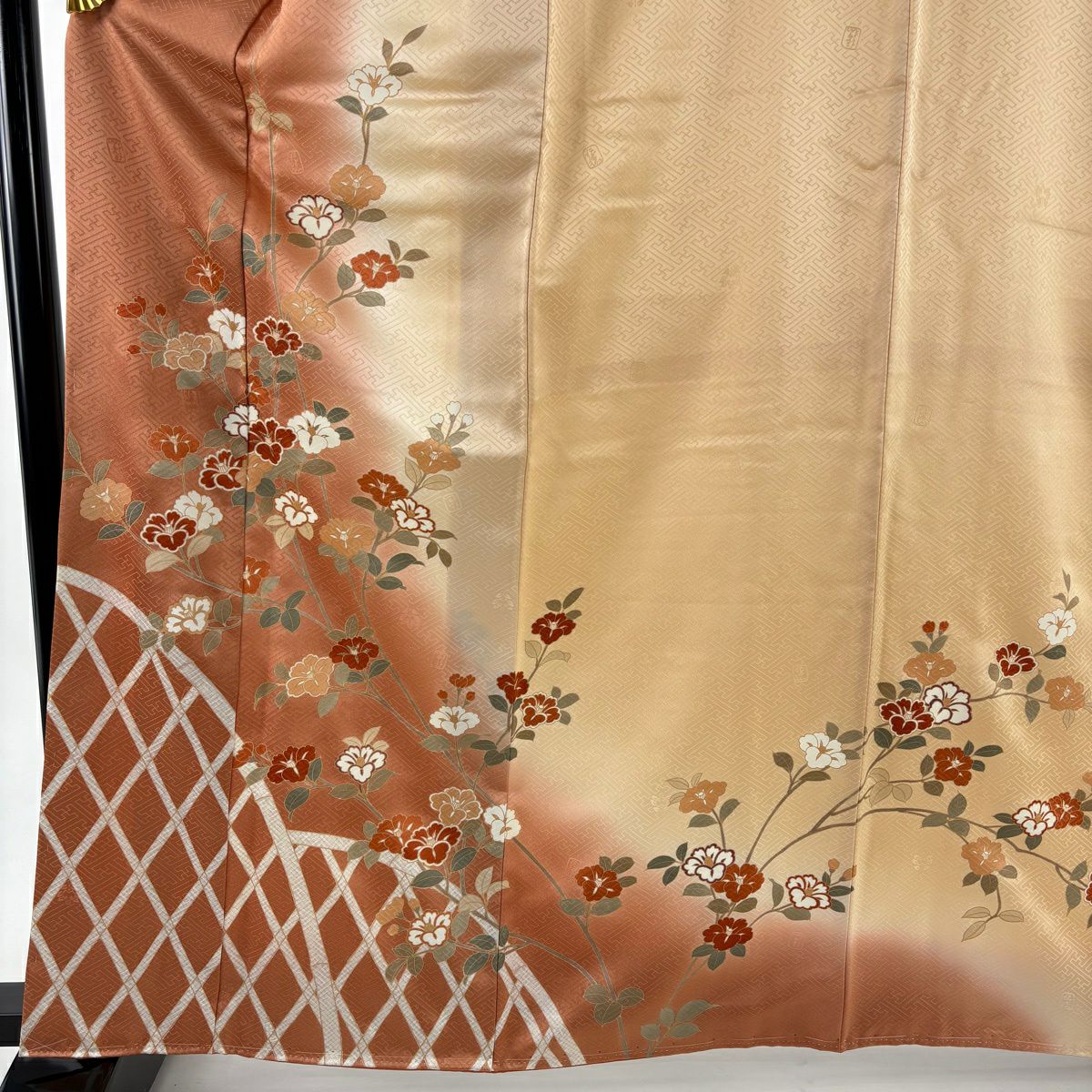 訪問服 身長163.5cm 袖長67.5cm L 雙層 吾妻德穗 袋帶套裝 落款あり 枝花 光悅垣 金絲 染分 薄茶 純蠶絲 秀品級