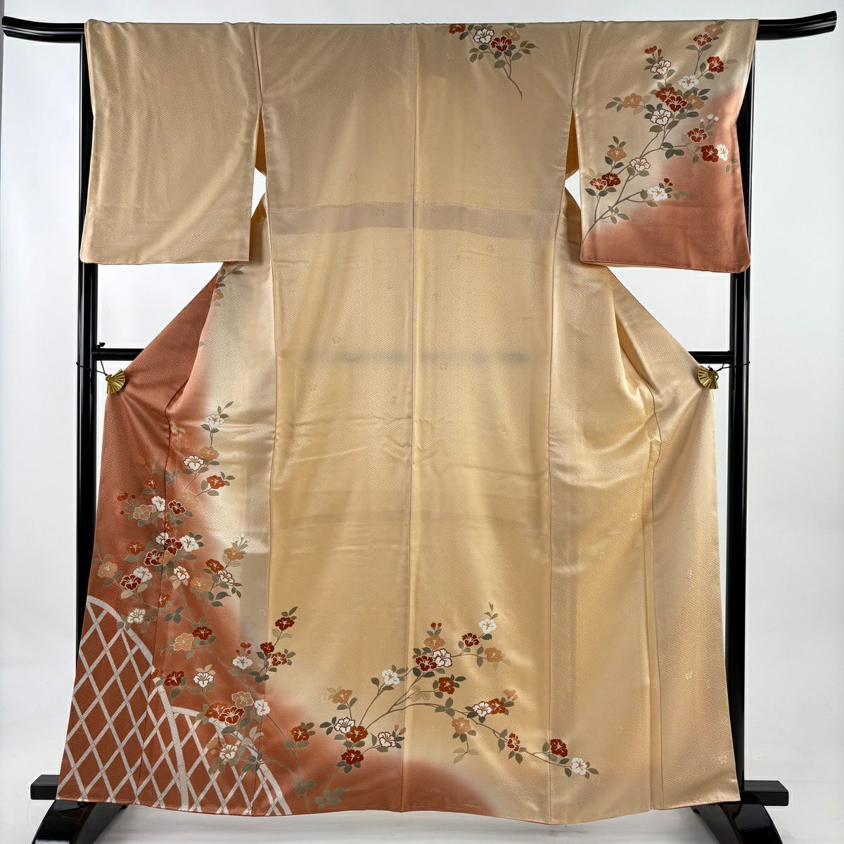 訪問服 身長163.5cm 袖長67.5cm L 雙層 吾妻德穗 袋帶套裝 落款あり 枝花 光悅垣 金絲 染分 薄茶 純蠶絲 秀品級