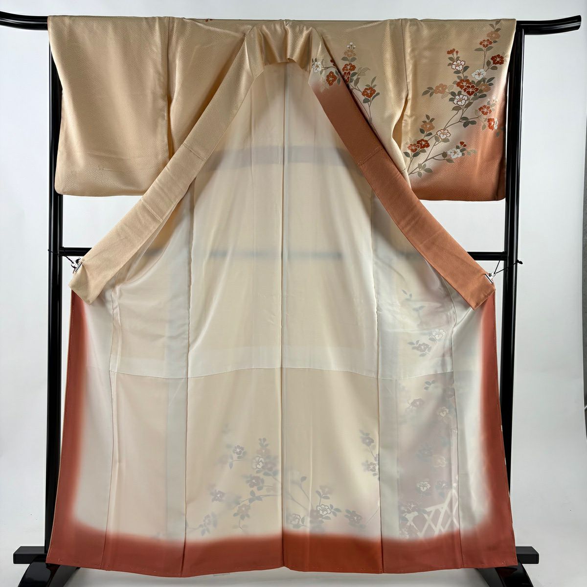 訪問服 身長163.5cm 袖長67.5cm L 雙層 吾妻德穗 袋帶套裝 落款あり 枝花 光悅垣 金絲 染分 薄茶 純蠶絲 秀品級