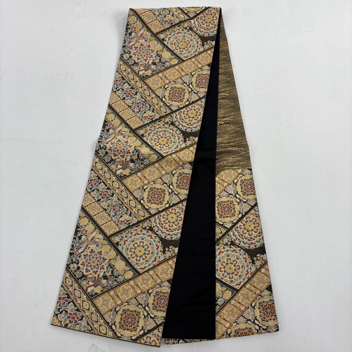 訪問服 身長163.5cm 袖長67.5cm L 雙層 吾妻德穗 袋帶套裝 落款あり 枝花 光悅垣 金絲 染分 薄茶 純蠶絲 秀品級