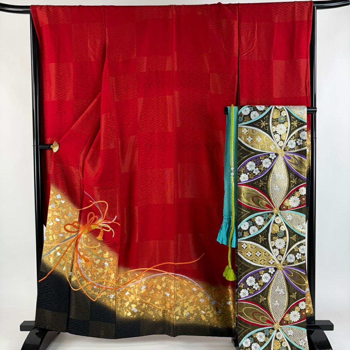 振袖禮服 身長161.5cm 袖長67.5cm L 雙層 袋帶全套 組紐 金金箔散佈 刺繡 金通 紅 純蠶絲 優品級