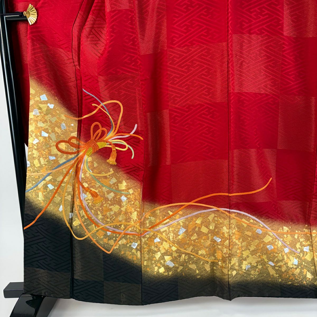 振袖禮服 身長161.5cm 袖長67.5cm L 雙層 袋帶全套 組紐 金金箔散佈 刺繡 金通 紅 純蠶絲 優品級