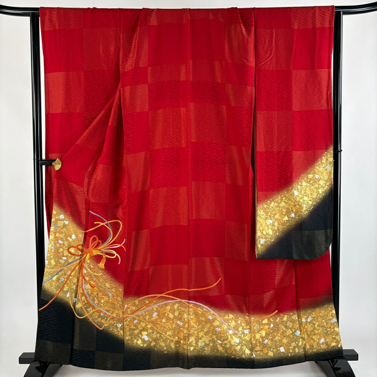 振袖禮服 身長161.5cm 袖長67.5cm L 雙層 袋帶全套 組紐 金金箔散佈 刺繡 金通 紅 純蠶絲 優品級