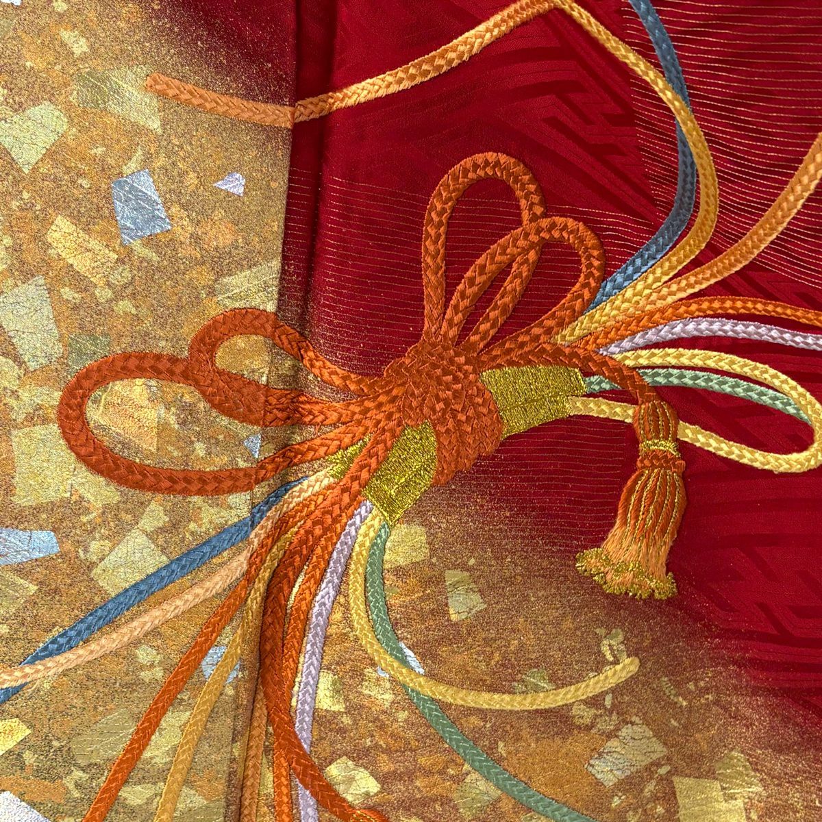 振袖禮服 身長161.5cm 袖長67.5cm L 雙層 袋帶全套 組紐 金金箔散佈 刺繡 金通 紅 純蠶絲 優品級