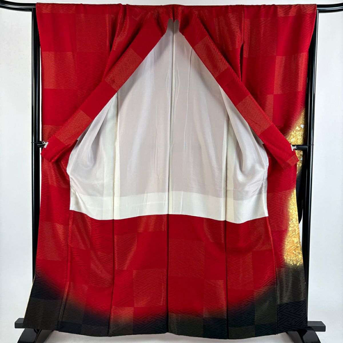振袖禮服 身長161.5cm 袖長67.5cm L 雙層 袋帶全套 組紐 金金箔散佈 刺繡 金通 紅 純蠶絲 優品級