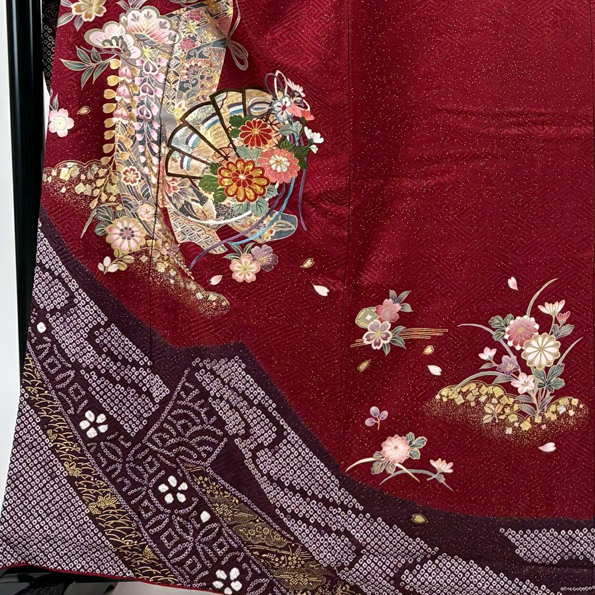 振袖禮服 身長163cm 袖長65cm M 雙層 桧扇子 幾帳 金銀彩 絞染 紅 純蠶絲 秀品級