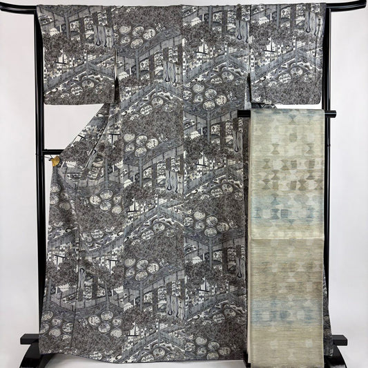 小紋 身長166.5cm 袖長66.5cm M 雙層 袋帶套裝 建物 楓 金銀彩 縮緬 灰茶 純蠶絲 名品級