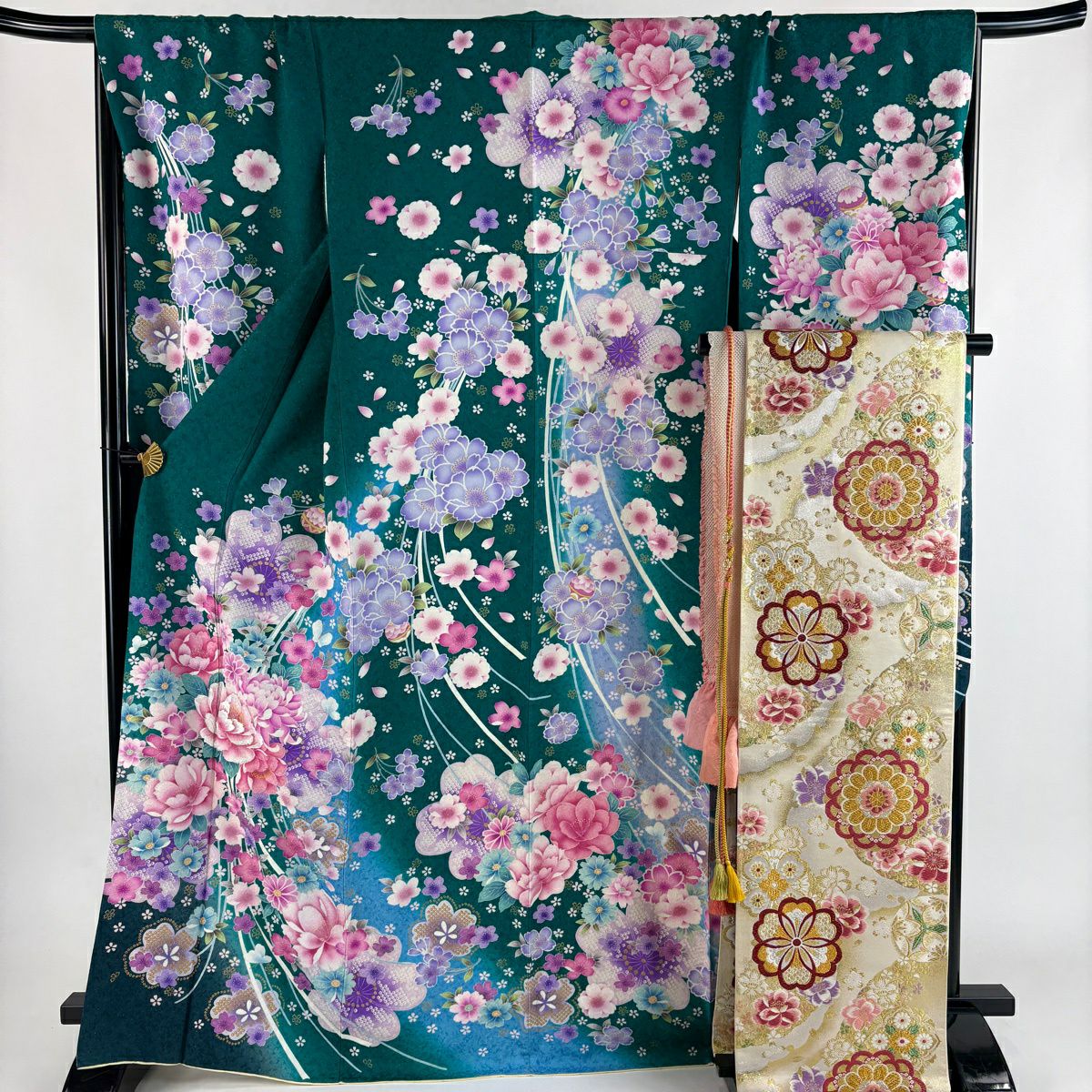 【美品】振袖禮服 身長167.5cm 袖長70cm L 雙層 袋帶全套 草花紋紋 蝶 金銀彩 綠 純蠶絲 名品級